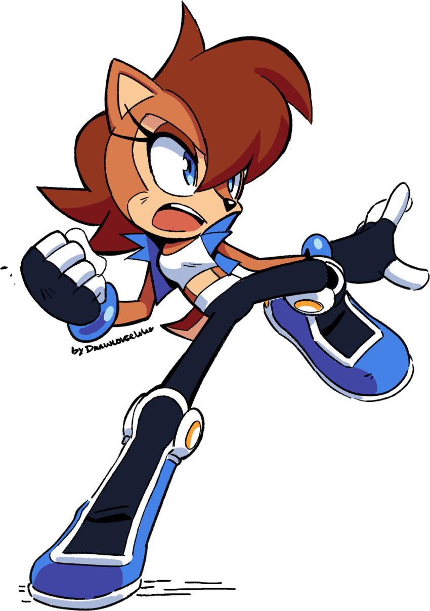 1girl alternate_costume animal_ears artist_name bangs black_pants blue_eyes blue_jacket boots brown_hair crop_top drawloverlala full_body gloves highres jacket midriff open_mouth pants redesign sally_acorn short_hair solo sonic_(series) sonic_the_hedgehog_(archie_comics) tail teeth white_background