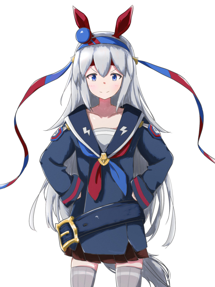 1girl animal_ears blue_eyes brown_skirt ear_covers grey_hair grey_thighhighs hair_between_eyes headband highres horse_ears horse_girl horse_tail long_hair looking_at_viewer natsukari_na pleated_skirt red_headband ribbed_legwear sailor_collar sailor_shirt shirt skirt smile solo tail tamamo_cross_(umamusume) thigh-highs umamusume