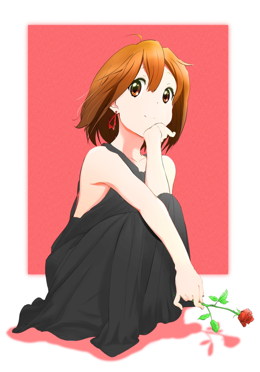 1girl arm_support bangs bare_shoulders black_dress brown_eyes brown_hair closed_mouth collarbone dress earrings flower hand_on_own_face highres hirasawa_yui holding holding_flower jewelry k-on! looking_at_viewer red_flower red_rose rose short_hair sleeveless sleeveless_dress smile solo sososososo_1729 squatting