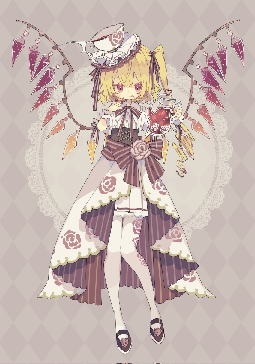 1girl alternate_costume argyle argyle_background black_footwear black_tea blonde_hair blush closed_mouth crystal dress fingernails flandre_scarlet full_body hair_between_eyes hat highres holding long_hair nail_polish nikorashi-ka one_side_up pantyhose red_eyes red_nails short_sleeves smile solo symbol-only_commentary tea tongue tongue_out touhou white_dress white_headwear white_pantyhose wings wrist_cuffs