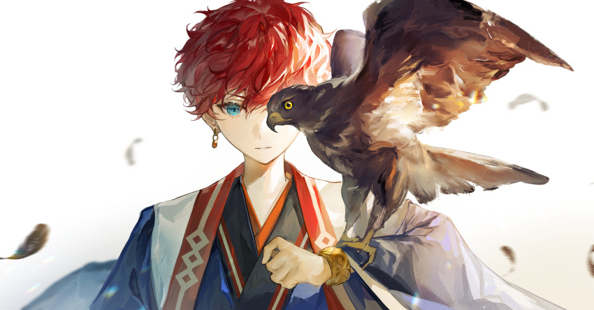 1boy absurdres amagi_hiiro animal bangle bangs bird bird_on_hand blue_eyes blue_robe bracelet earrings ensemble_stars! eyelashes feathers hand_up highres jewelry light_smile long_sleeves looking_at_viewer male_focus motion_blur one_eye_covered parted_lips portrait redhead shitan_(tantan_0821) short_hair simple_background straight-on vest white_background wide_sleeves