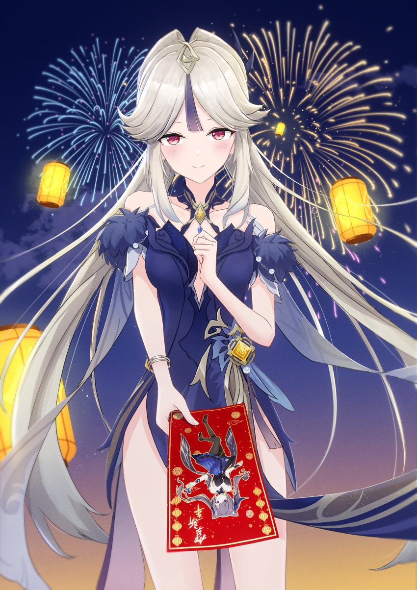 1girl bangs bare_shoulders bracelet cameo china_dress chinese_clothes collarbone commentary_request detached_collar detached_sleeves dress fireworks formal genshin_impact hair_between_eyes hair_ornament highres holding hongbao jewelry keqing_(genshin_impact) keqing_(opulent_splendor)_(genshin_impact) kokage_(chenff) lantern long_hair looking_at_viewer multicolored_hair night night_sky ningguang_(genshin_impact) ningguang_(orchid's_evening_gown)_(genshin_impact) official_alternate_costume red_eyes short_sleeves side_slit sidelocks sky solo star_(sky) starry_sky two-tone_hair vision_(genshin_impact) white_hair