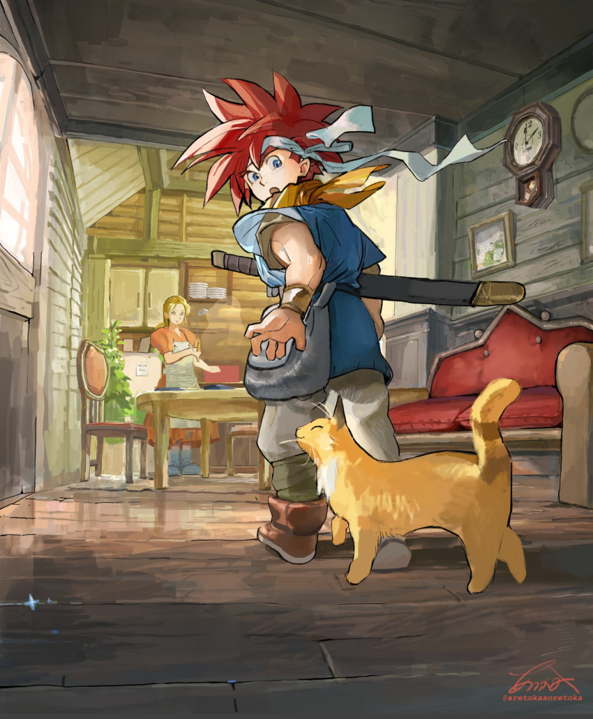 1boy 1girl apron aretokasoretoka blonde_hair blue_eyes blue_tunic boots bracer cabinet cat chair chrono_trigger clock couch crono's_mother crono_(chrono_trigger) dress grey_pants headband highres house_plant indoors kitchen long_hair looking_back male_focus mother_and_son neckerchief open_mouth orange_dress pants picture_frame plate redhead spiky_hair sword table weapon white_headband window wooden_floor yellow_neckerchief
