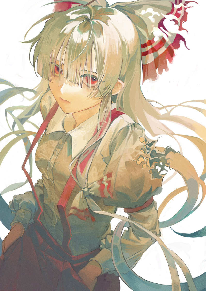 1girl arm_strap bangs bow collared_shirt commentary cowboy_shot dou_(doudouzi) expressionless fujiwara_no_mokou hair_bow hair_over_eyes hands_in_pants highres hime_cut juliet_sleeves lips long_hair long_sleeves looking_at_viewer pants puffy_sleeves red_bow red_eyes red_pants shirt sidelocks solo suspenders torn_bow torn_clothes torn_sleeve touhou two-tone_bow very_long_hair white_background white_bow white_hair white_shirt wing_collar