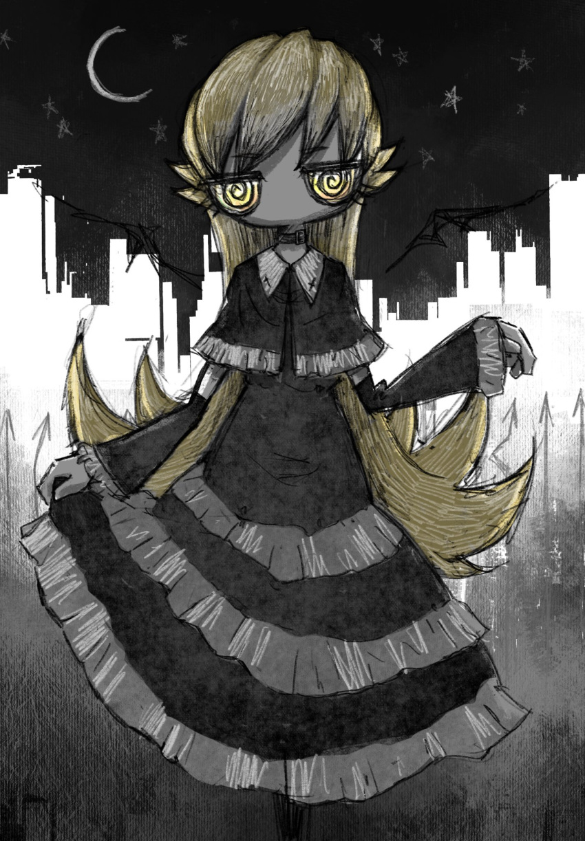 1girl @_@ arrow_(symbol) bangs belt_collar black_dress black_wings blonde_hair city cityscape collar crescent_moon detached_wings dress highres leoleonardk10 long_hair mini_wings monogatari_(series) moon night night_sky no_mouth no_nose oshino_shinobu ringed_eyes skirt sky solo star_(sky) starry_sky striped striped_skirt white_stripes wings