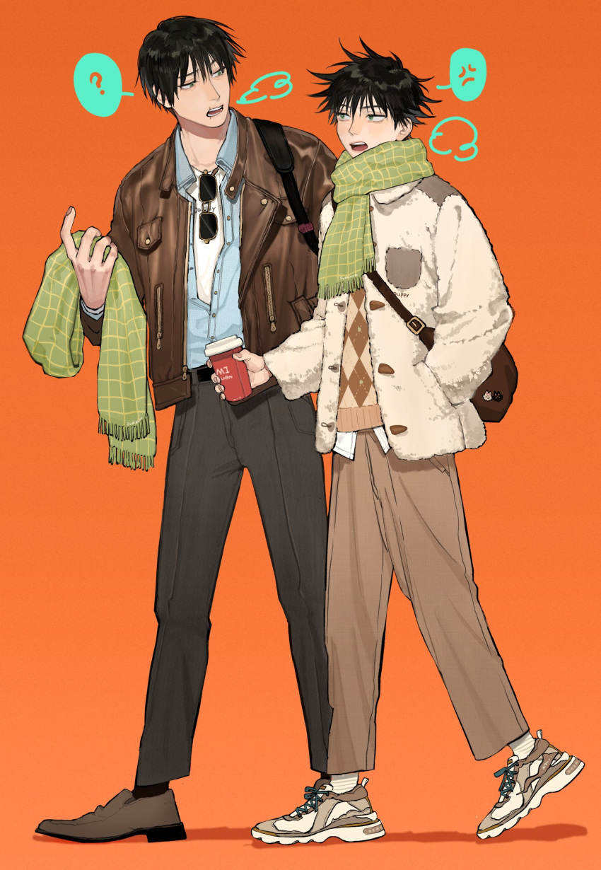 2boys ? anger_vein argyle argyle_sweater bag bangs black_hair black_pants brown_footwear brown_pants coffee_mug cup eyewear_around_neck father_and_son full_body fur-trimmed_jacket fur_trim fushiguro_megumi fushiguro_touji green_eyes green_scarf hair_between_eyes highres holding holding_clothes holding_scarf jacket jujutsu_kaisen leather leather_jacket li_chestnuts looking_at_another male_focus mug multiple_boys open_clothes open_jacket open_mouth orange_background pants scar scar_on_face scar_on_mouth scarf shirt shoes short_hair simple_background sneakers socks spiky_hair spoken_anger_vein spoken_question_mark sweater symbol-only_commentary talking walking winter winter_clothes