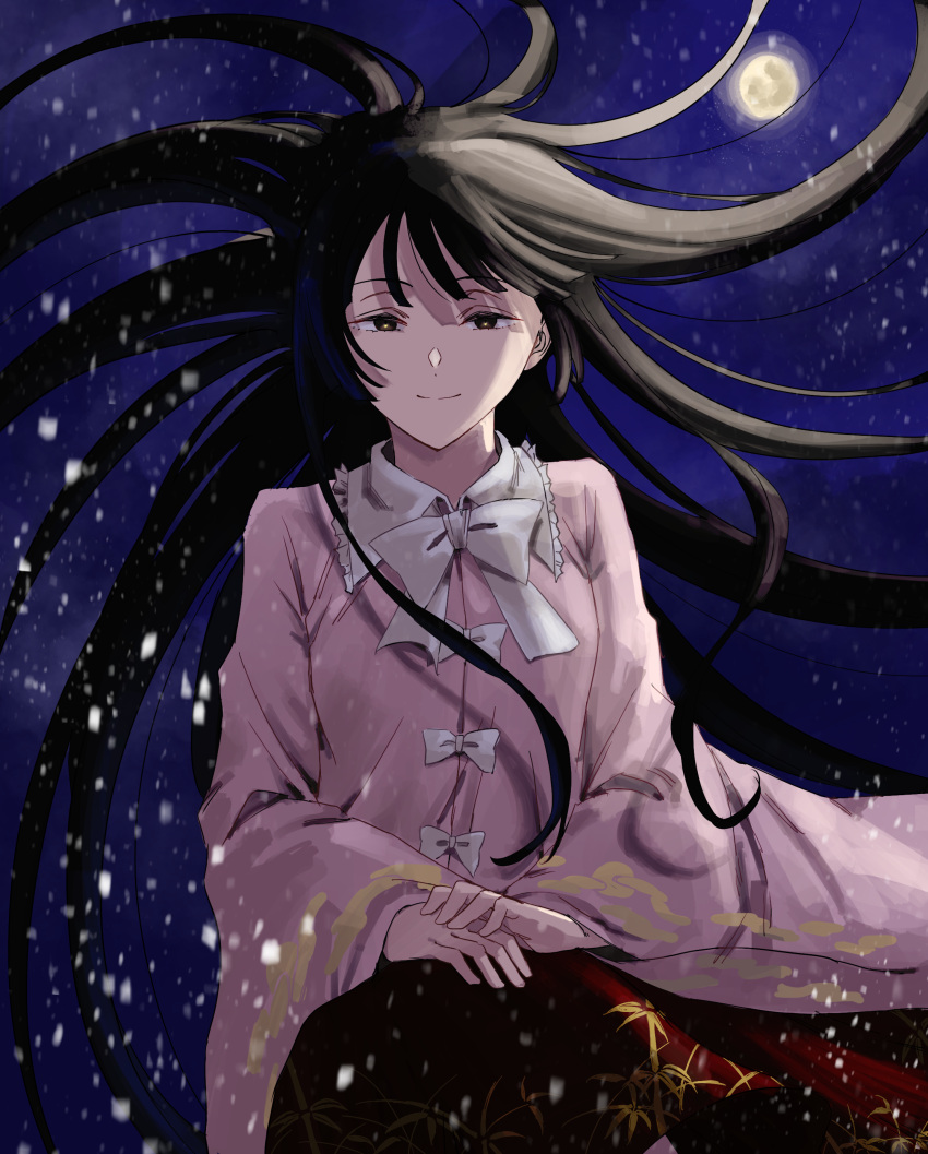 1girl absurdres bamboo_print black_hair bow bowtie brown_eyes hands_on_lap highres houraisan_kaguya japanese_clothes krmtknkoo1582 long_hair long_sleeves looking_at_viewer messy_hair moon night night_sky pink_shirt red_skirt shirt sitting skirt sky smile snow snowing solo swirling touhou