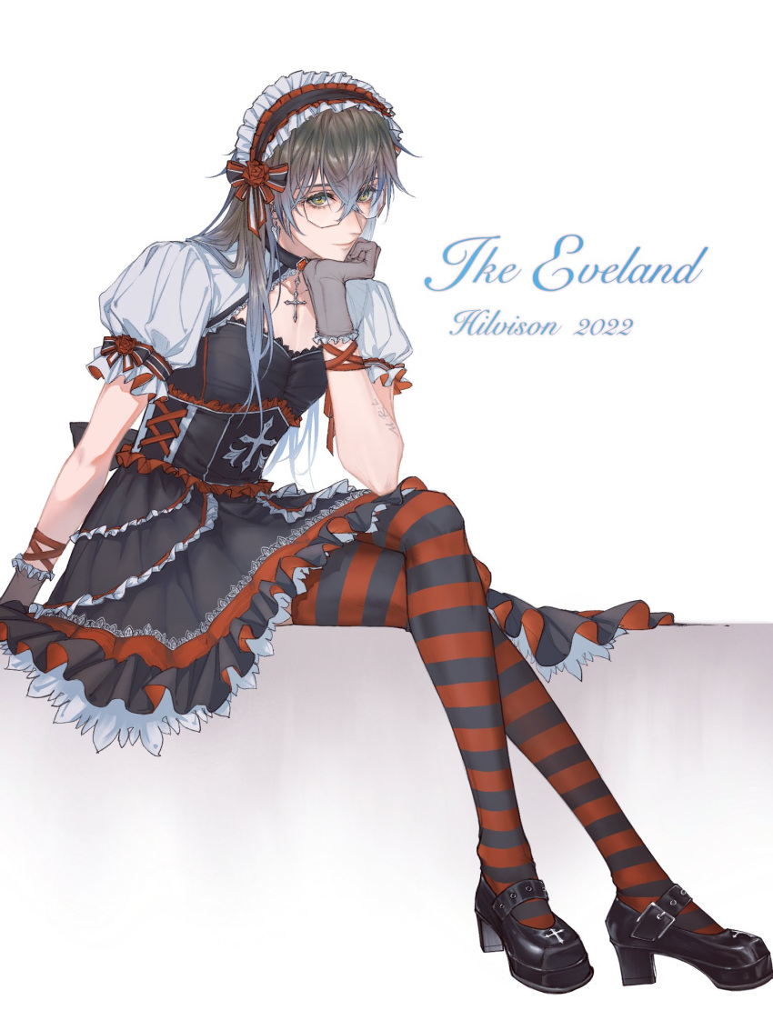 1boy 2022 artist_name bangs blue_hair bow bow_hairband choker cross cross-laced_clothes cross_choker crossdressing dated dress ear_piercing english_text flower frilled_dress frilled_gloves frilled_hairband frills full_body glasses gloves gothic_lolita hair_between_eyes hair_bow hairband highres hilvison1 ike_eveland lace lolita_fashion lolita_hairband long_hair looking_at_viewer male_focus mary_janes multicolored_hair nijisanji nijisanji_en piercing platform_footwear platform_heels puffy_short_sleeves puffy_sleeves red_flower red_rose rose shoes short_sleeves signature smile solo striped striped_legwear virtual_youtuber