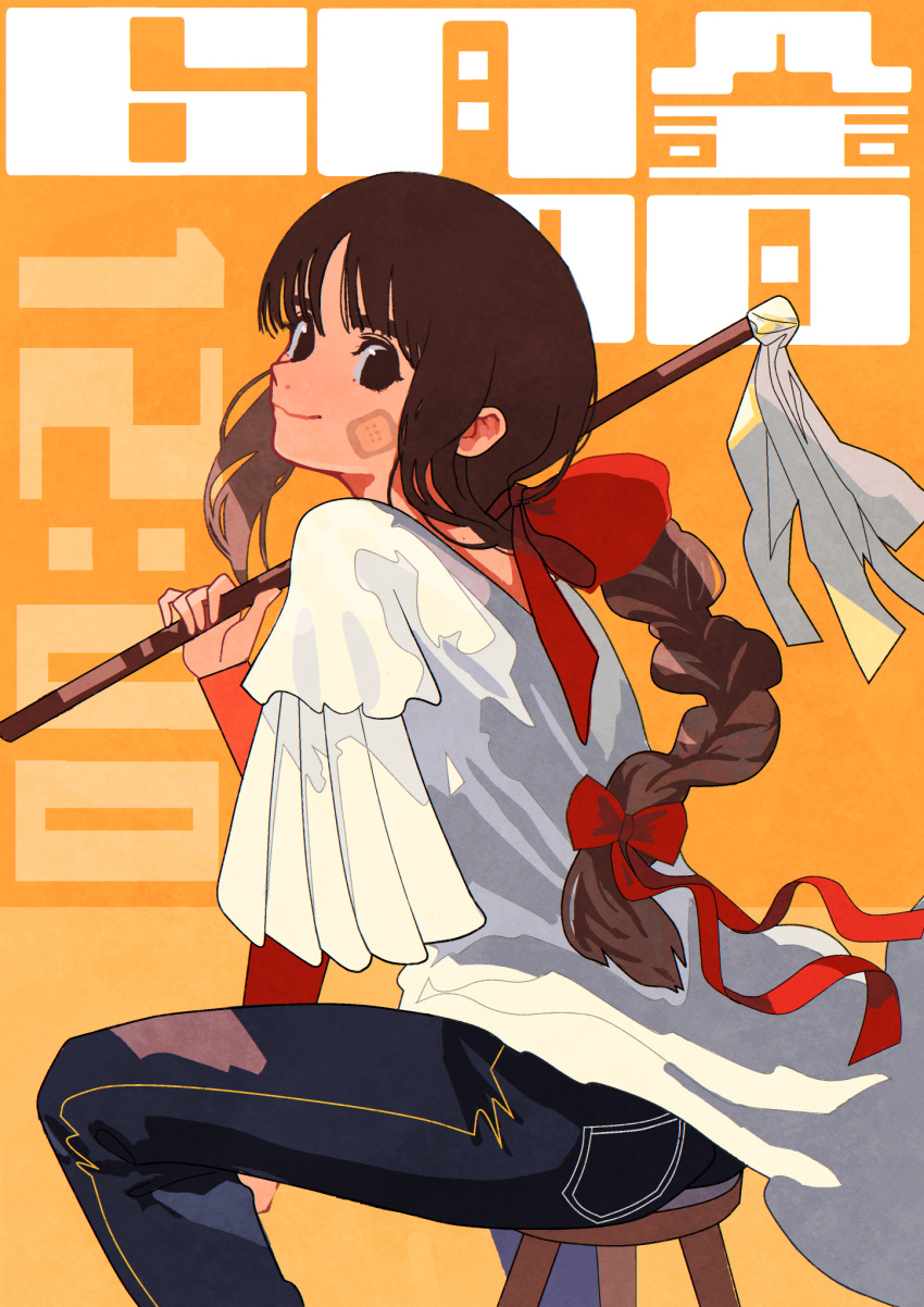 1girl bandaid bandaid_on_face bangs bow braid brown_eyes brown_hair closed_mouth commentary_request denim hair_bow highres holding holding_stick jeans layered_sleeves long_hair long_sleeves looking_at_viewer orange_background original pants red_bow red_shirt shirt short_over_long_sleeves short_sleeves single_braid sitting smile solo stick white_shirt window1228