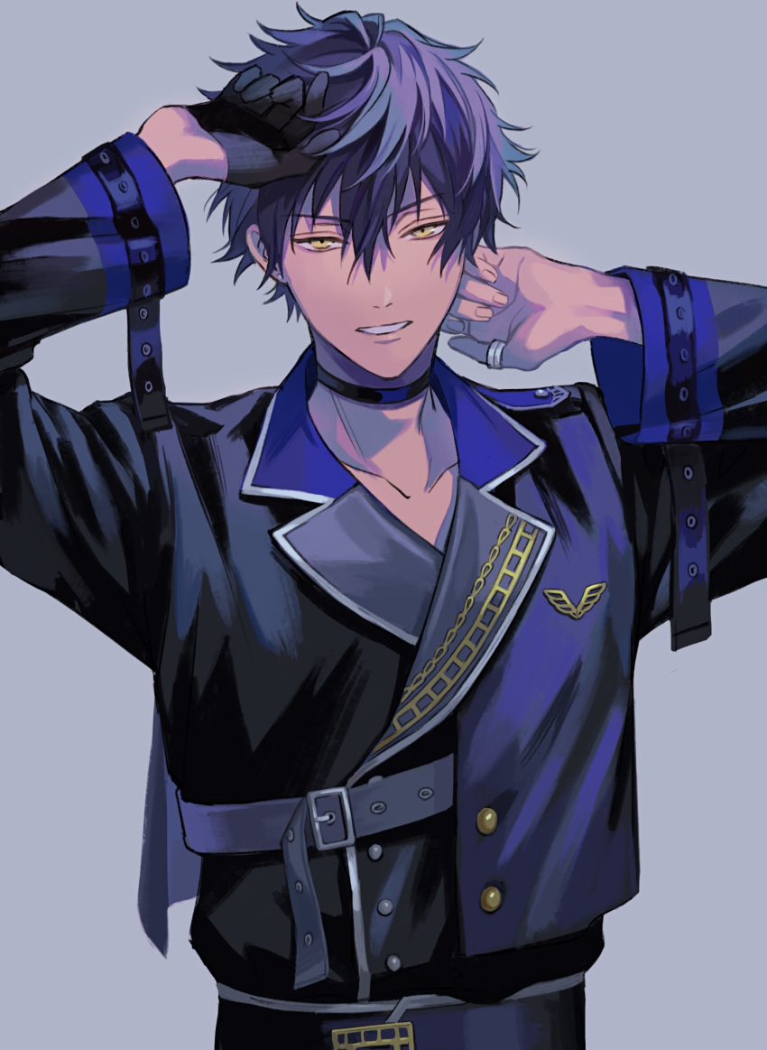 10ne_ui 1boy bangs belt black_gloves black_hair black_jacket blue_hair buttons choker double-breasted earrings ensemble_stars! gloves grey_background hair_between_eyes half_gloves hands_up highres jacket jewelry layered_clothes long_sleeves looking_at_viewer male_focus multicolored_hair parted_lips purple_hair sazanami_jun short_hair simple_background solo stud_earrings thumb_ring upper_body yellow_eyes