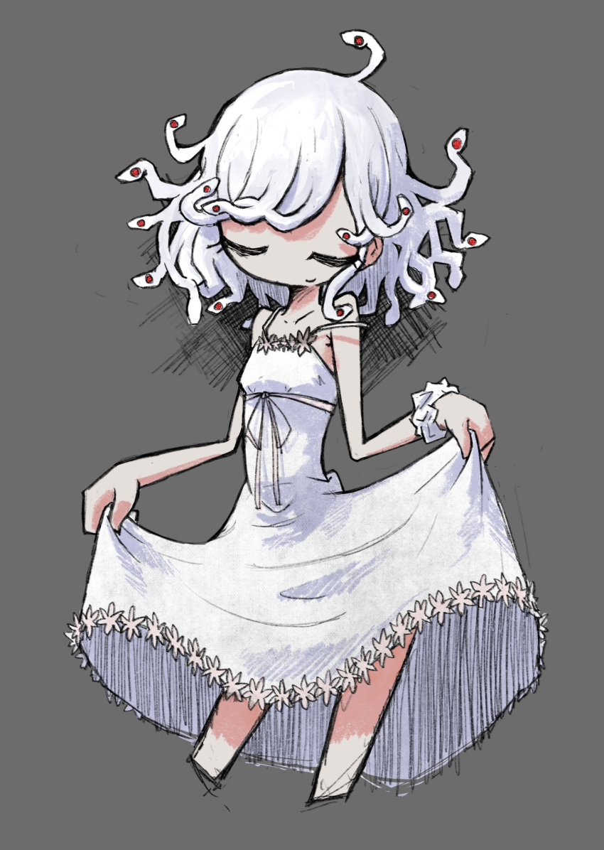 1girl closed_eyes dress grey_background highres leoleonardk10 living_hair monster_girl original prehensile_hair single_wrist_cuff skirt skirt_hold smile snake snake_hair solo sundress white_dress white_snake white_wrist_cuffs wrist_cuffs