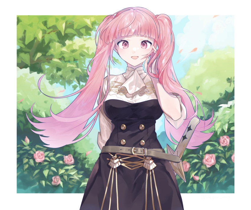 1girl ascot bangs belt belt_buckle blue_sky blunt_bangs border breasts brown_belt buckle buttons day fire_emblem fire_emblem:_three_houses flower garreg_mach_monastery_uniform highres hilda_valentine_goneril large_breasts long_hair looking_at_viewer nature open_mouth outdoors outside_border petals pink_eyes pink_flower pink_hair pink_rose plant rose sky sleeves_rolled_up smile solo sqamt_0029 sword twintails uniform upper_body weapon white_ascot white_border