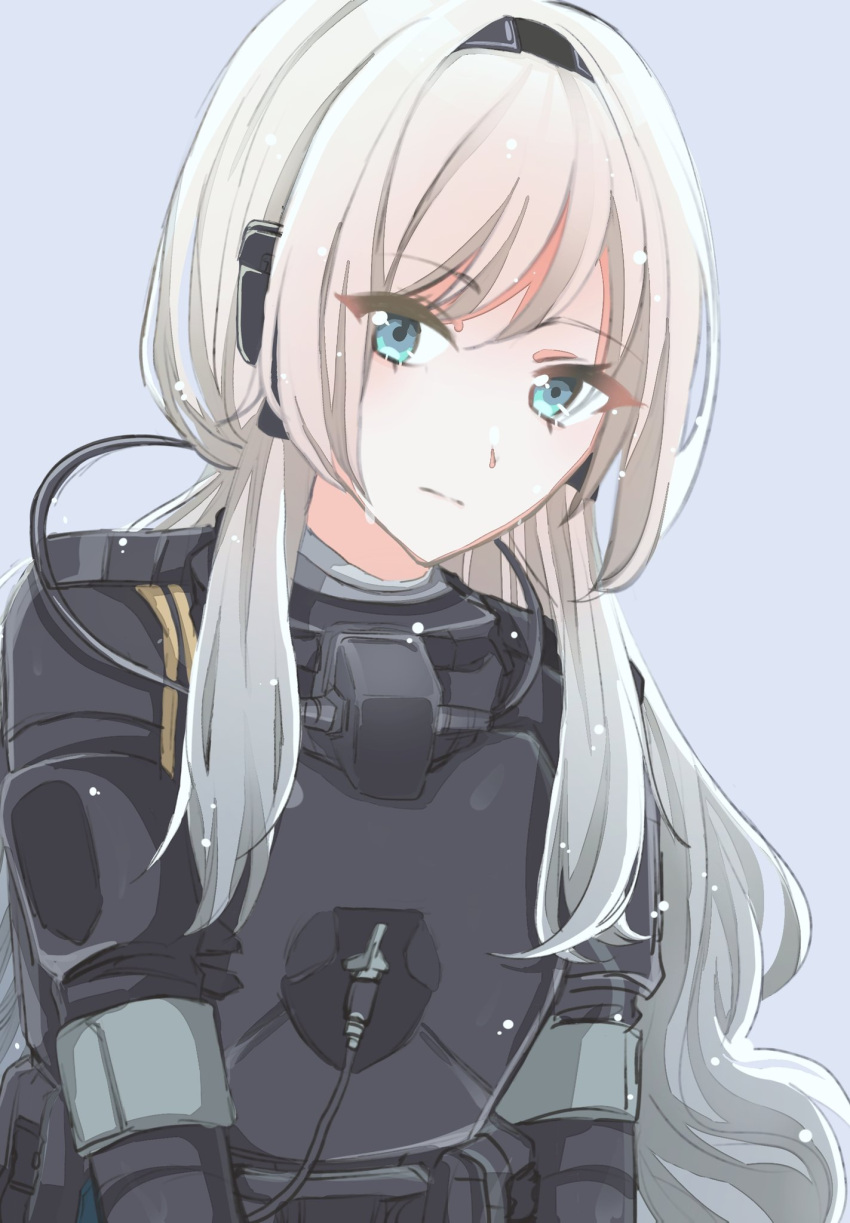 1girl an-94_(girls'_frontline) an-94_(the_diving_bell_and_the_doll)_(girls'_frontline) aqua_eyes bangs black_hairband bodysuit closed_mouth commission diving_suit eyes_visible_through_hair girls_frontline grey_hair hairband highres light_blue_background long_hair official_alternate_costume shadow71580825 simple_background solo upper_body wet_suit