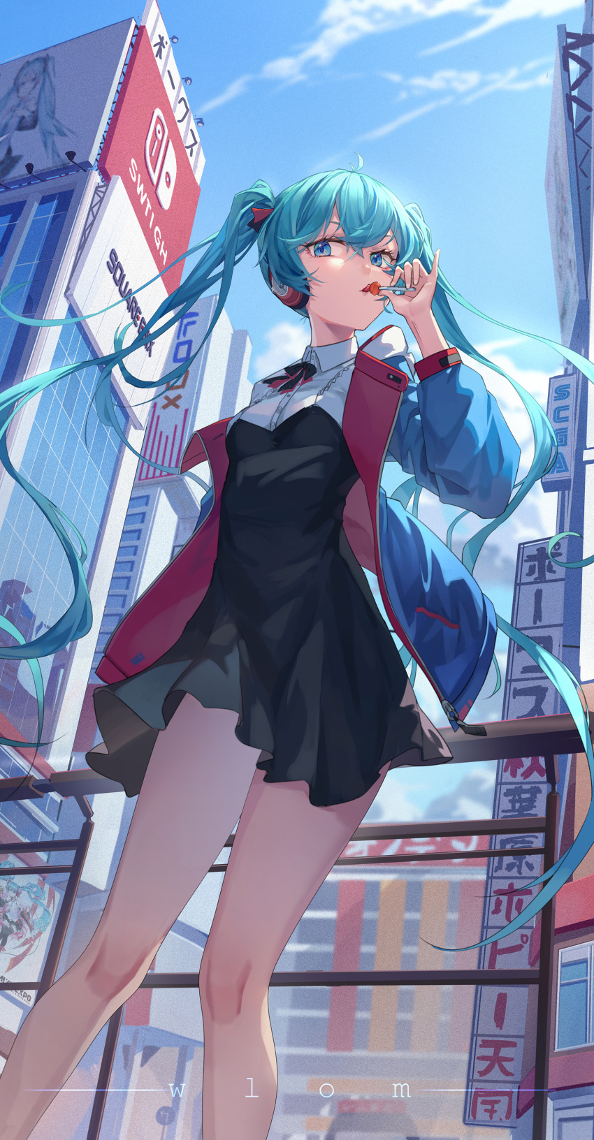 1girl absurdres alternate_costume arm_behind_back bare_legs black_dress blue_eyes blue_hair blue_jacket candy city collared_dress day dress expressionless food food_in_mouth from_below hand_up hatsune_miku hei_huo_chong highres jacket lollipop long_hair looking_at_viewer looking_down open_clothes open_jacket outdoors solo twintails two-tone_dress very_long_hair vocaloid