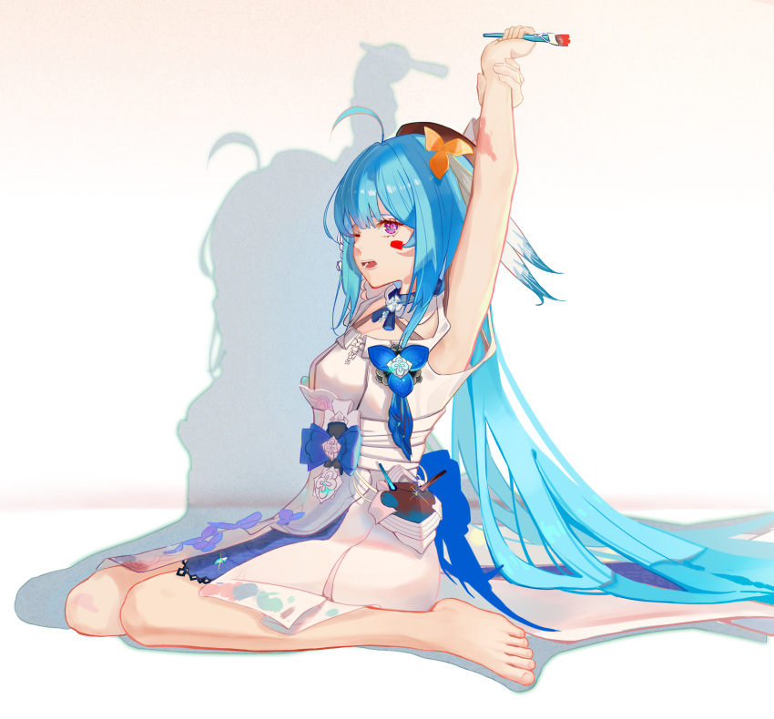1girl absurdres ahoge armpits arms_up bangs barefoot beret blue_hair comet_(user_fjsa4577) dress griseo hat highres holding holding_brush honkai_(series) honkai_impact_3rd long_hair looking_at_viewer on_floor open_mouth shadow sitting sleeveless sleeveless_dress solo stretching toes twintails violet_eyes wariza white_dress