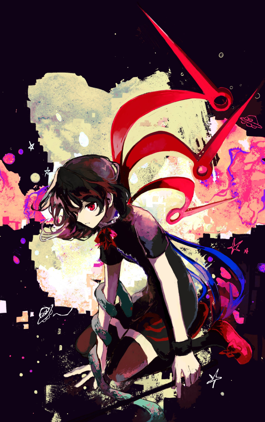 1girl absurdres asymmetrical_wings black_dress black_hair black_thighhighs blue_wings bow bowtie center_frills commentary_request dress flying_saucer footwear_bow frills full_body hand_on_ground highres holding houjuu_nue parted_lips red_bow red_bowtie red_eyes red_footwear red_wings redhead seiza shoes short_dress short_hair short_sleeves sitting snake solo spacecraft thigh-highs touhou uninosono wings wristband zettai_ryouiki