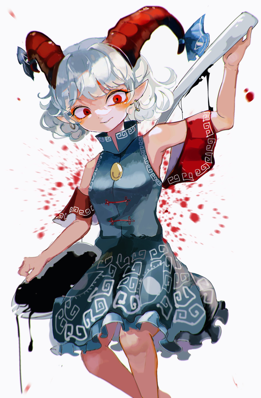 1girl absurdres blue_hair blue_skirt blue_vest bow comkdom curly_hair detached_sleeves earrings eye_print highres horn_bow horn_ornament horns jewelry meandros oil patterned_clothing pointy_ears red_eyes sheep_horns short_hair simple_background skirt splatter touhou toutetsu_yuuma vest