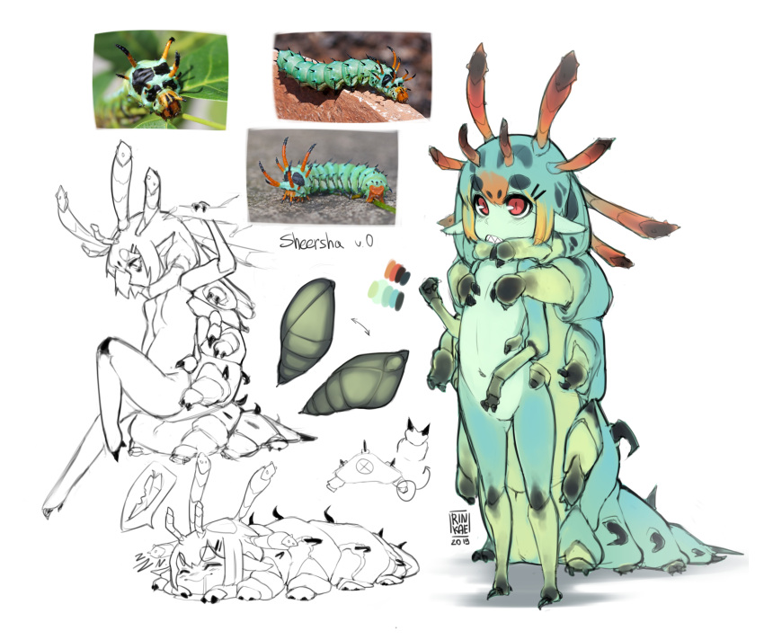 1girl 2019 antennae arthropod_girl arthropod_limbs artist_name blonde_hair caterpillar caterpillar_girl cocoon colored_tips full_body green_hair hand_up highres knee_up looking_at_viewer looking_to_the_side lying monster_girl multicolored_hair multiple_views on_stomach original personification pointy_ears red_eyes redhead rinkae sharp_teeth short_hair sketch spoken_object standing teeth white_background