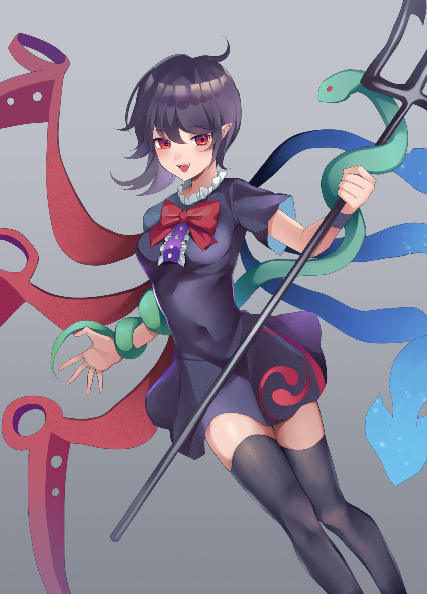 1girl absurdres asymmetrical_wings black_dress black_hair black_thighhighs blue_wings blush buttons center_frills dress feet_out_of_frame frills hair_between_eyes highres holding holding_polearm holding_weapon houjuu_nue koizumo open_mouth pointy_ears polearm red_eyes red_wings short_hair short_sleeves smile solo thigh-highs touhou trident weapon wings