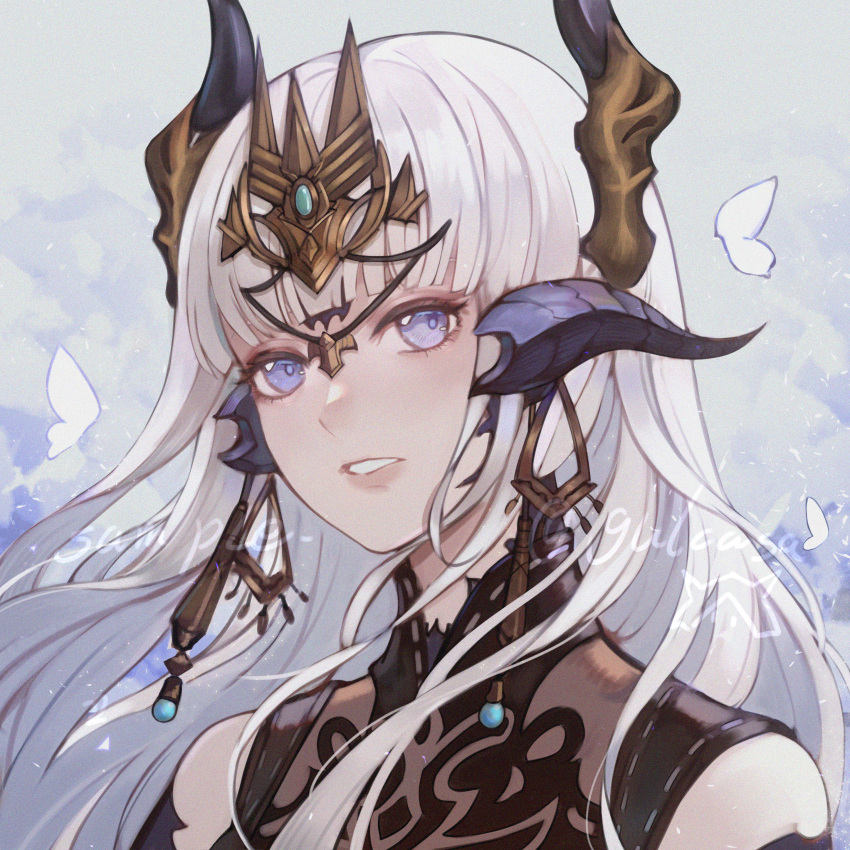 1girl absurdres au_ra avatar_(ff14) bangs black_shirt bug butterfly commentary final_fantasy final_fantasy_xiv highres horns huizhoumao long_hair looking_at_viewer parted_lips sample_watermark shirt solo upper_body violet_eyes white_butterfly white_hair