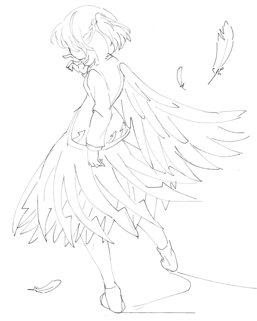 1girl ameyu_(rapon) braid dress feathered_wings feathers full_body highres jacket kishin_sagume lineart long_sleeves shoes short_hair simple_background single_wing sketch solo touhou white_background wings