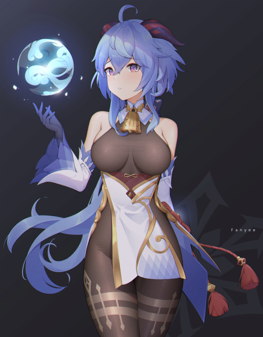 1girl ahoge artist_name bangs bare_shoulders bell black_pantyhose blue_gloves blue_hair blush breasts detached_sleeves ganyu_(genshin_impact) genshin_impact gloves gold_trim groin highres horns legs_together long_hair looking_at_viewer medium_breasts neck_bell orb pantyhose parted_lips sideboob sidelocks skindentation solo standing tassel thighlet thighs violet_eyes vision_(genshin_impact) white_sleeves wuyi_p