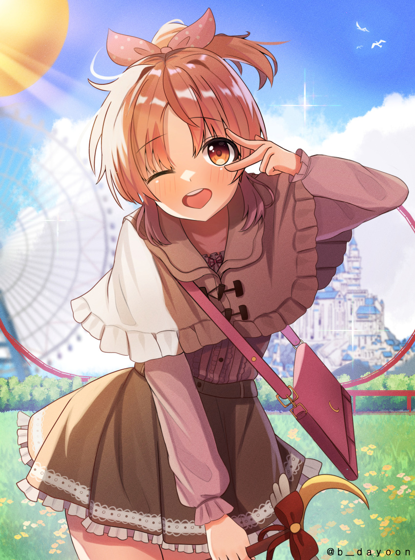 1girl ;d abe_nana absurdres amusement_park bag bangs bird black_skirt blurry blurry_background blush capelet castle center_frills dayoon_(htrc7254) ferris_wheel field frills handbag highres idolmaster idolmaster_cinderella_girls idolmaster_cinderella_girls_starlight_stage light_rays looking_at_viewer one_eye_closed outdoors parted_bangs pink_shirt ponytail round_teeth shirt skirt smile solo teeth w wand white_capelet