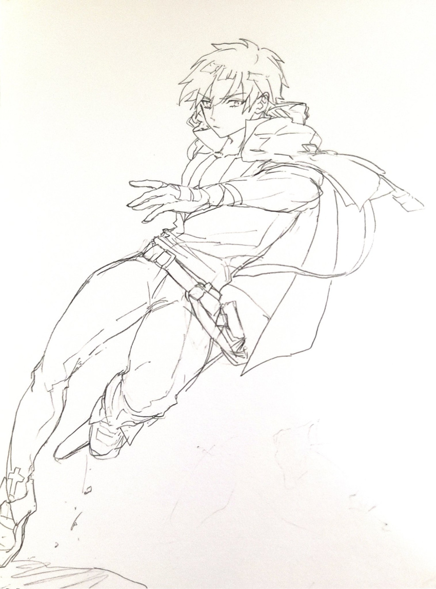 1boy belt closed_mouth cross cross_print dynamic_pose ebi_pri_shrimp gloves guilty_gear guilty_gear_strive hair_between_eyes highres jacket jacket_on_shoulders ky_kiske male_focus monochrome scabbard sheath shirt_tucked_in sketch solo