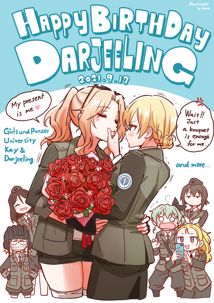 6+girls alternate_costume alternate_hairstyle anchovy_(girls_und_panzer) arm_around_waist artist_name assam_(girls_und_panzer) bangs beret black_headwear blonde_hair blue_eyes bouquet braid cellphone character_name closed_eyes commentary copyright_name cropped_legs darjeeling_(girls_und_panzer) dated earrings english_text eyewear_on_head facing_another flower flying_sweatdrops frown girls_und_panzer glaring grimace hair_intakes hair_rollers hair_up hand_on_another's_face hands_on_hips happy_birthday hat highres holding holding_bouquet holding_phone hone_(honehone083) jewelry katyusha_(girls_und_panzer) kay_(girls_und_panzer) leaning_to_the_side long_hair looking_at_another multiple_girls nishizumi_maho nonna_(girls_und_panzer) o_o older open_mouth phone ponytail puckered_lips pushing_away red_flower red_rose rose selection_university_military_uniform short_hair sigh smartphone smile standing stud_earrings sunglasses taking_picture trembling twin_braids yuri