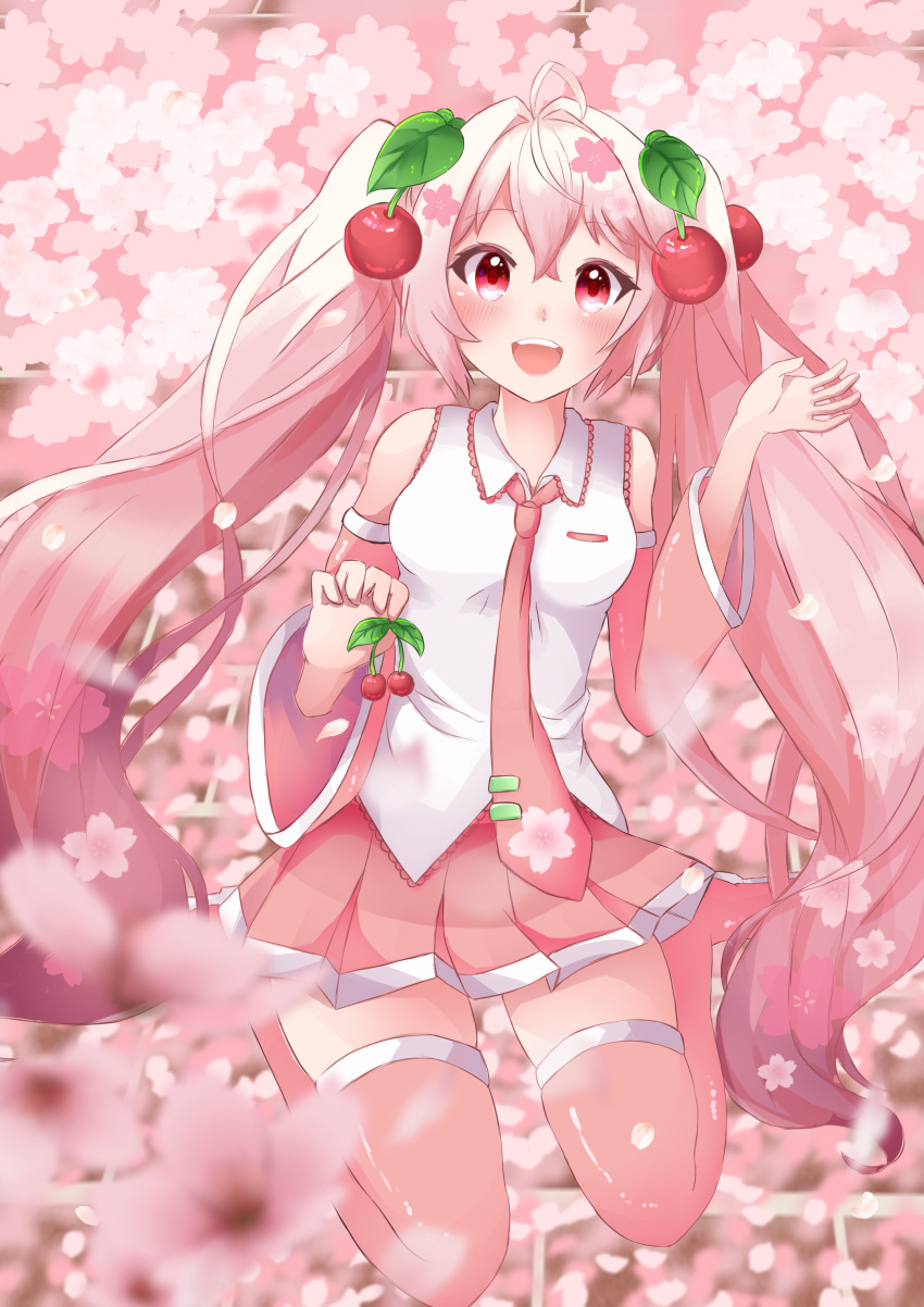 1girl :d absurdres ahoge bangs blush boots cherry cherry_blossom_print cherry_blossoms cherry_hair_ornament collared_shirt detached_sleeves floral_print flower food food-themed_hair_ornament fruit hair_intakes hair_ornament hand_up hatsune_miku highres holding holding_food holding_fruit long_hair long_sleeves looking_at_viewer makimaki_(momijiusa) necktie open_mouth pink_eyes pink_hair pleated_skirt print_hair print_necktie sakura_miku shirt skirt sleeveless sleeveless_shirt smile solo thigh_boots tie_clip tree twintails very_long_hair vocaloid