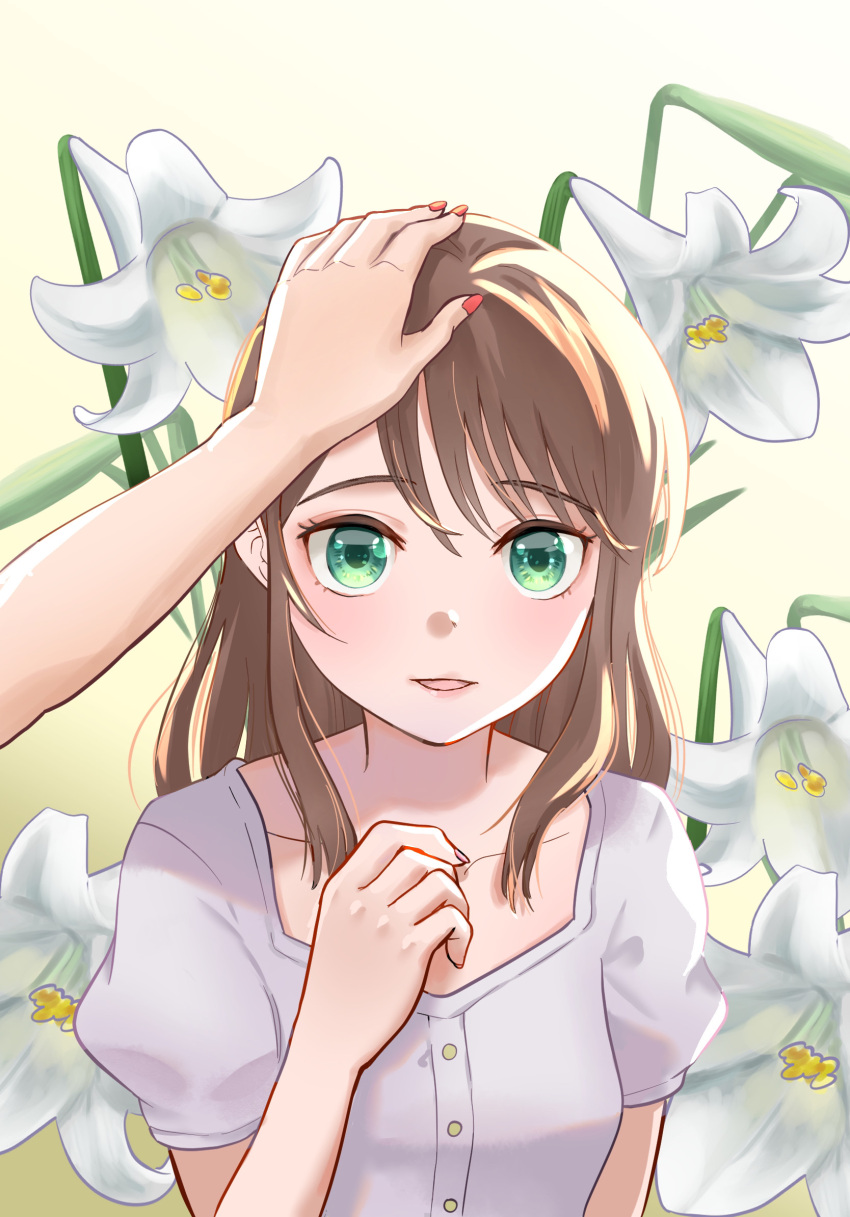 2girls arm_up bangs brown_hair buttons dress flower for89 gradient gradient_background green_background green_eyes hand_up headpat highres lily_(flower) multiple_girls nail_polish open_mouth original pov pov_hands puffy_short_sleeves puffy_sleeves red_nails short_sleeves simple_background swept_bangs v-neck white_dress