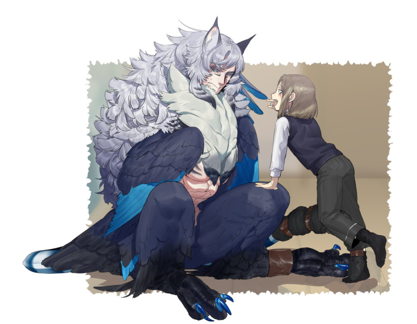 1boy 1girl animal_ears bird_wings black_pants black_sclera black_socks blue_eyes blue_vest blue_wings brown_background brown_hair colored_sclera digitigrade facial_mark feather_hair feathered_wings full_body grey_hair hand_on_another's_knee harpy_boy knees_up leg_up lizard_tail long_hair long_sleeves looking_at_another meziro001 monster_boy open_mouth original pants shirt short_hair sidelocks sitting socks sweater_vest tail talons vest white_shirt wings