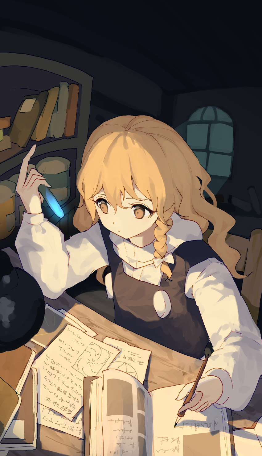 1girl absurdres alchemy bangs black_vest blonde_hair book bookshelf bow braid chair commentary highres holding holding_pen indoors kirisame_marisa kozomezuki lamp long_hair long_sleeves night no_hat no_headwear open_book paper pen scribble shirt single_braid sitting solo studying table touhou turtleneck upper_body vest vial white_bow white_shirt window writing yellow_eyes