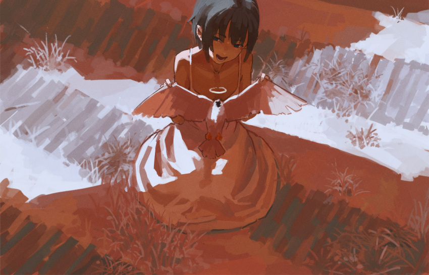 1girl animal bird blue_eyes brown_hair commentary dress english_commentary from_above full_body grass holding holding_animal holding_bird looking_at_viewer lower_teeth open_mouth original others short_hair sleeveless sleeveless_dress solo teeth white_dress