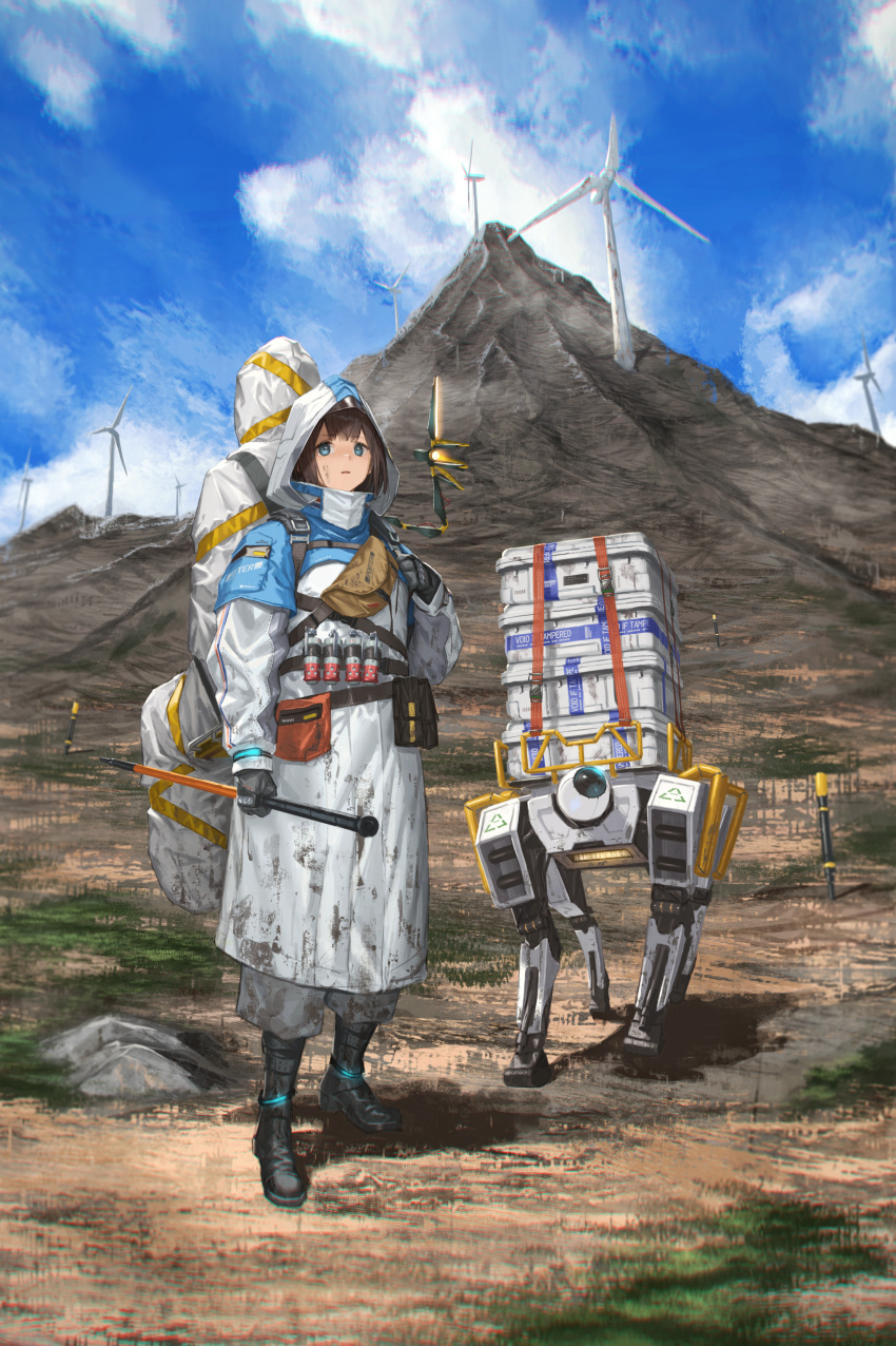1girl absurdres backpack bag black_footwear black_gloves blue_eyes blue_sky boots brown_hair clouds coat commentary_request death_stranding fuurin_sou gloves highres hood hood_up hooded_coat looking_at_viewer outdoors robot sky solo white_coat wind_turbine