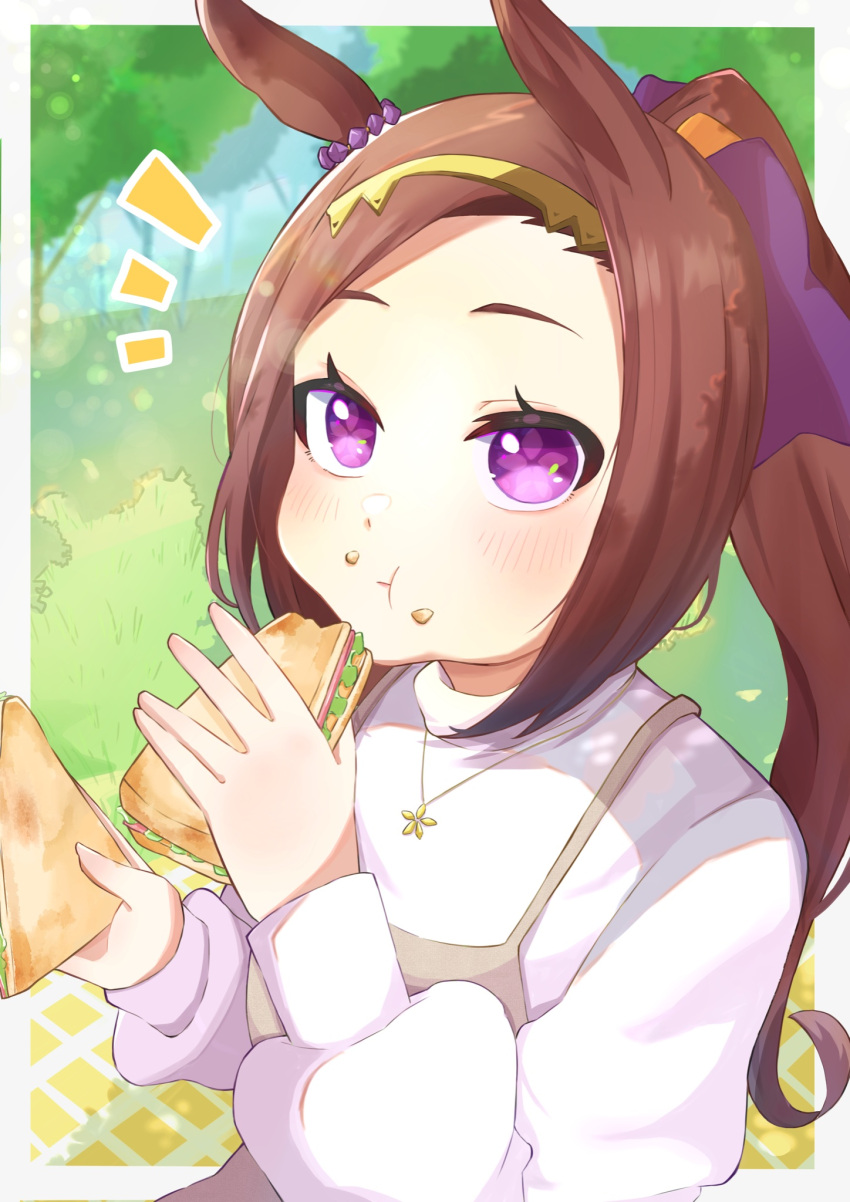 1girl animal_ears arms_up blanket blush border brown_hair dress eating food food_on_face forest grass hands_up highres holding holding_food horse_ears jewelry kimukichi_0224 long_hair long_sleeves nature necklace picnic pinafore_dress ponytail puffy_cheeks puffy_long_sleeves puffy_sleeves sakura_bakushin_o_(umamusume) sandwich sitting sunlight sweater tree turtleneck turtleneck_sweater umamusume v_arms violet_eyes white_border white_sweater