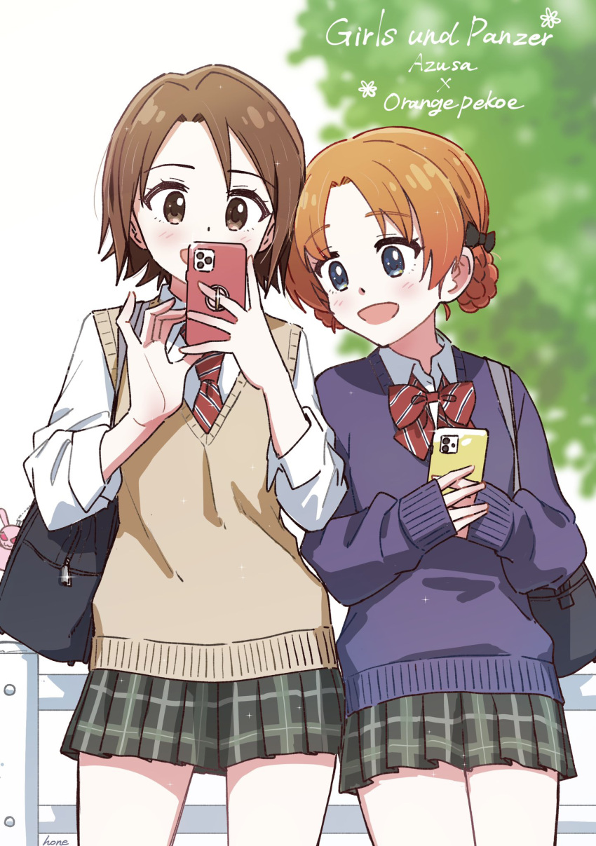 2girls alternate_costume artist_name bag bangs black_ribbon blue_sweater blurry blurry_background bow bowtie braid brown_eyes brown_hair brown_sweater cellphone cellphone_strap character_name commentary copyright_name day depth_of_field dress_shirt english_text girls_und_panzer grey_skirt hair_ribbon highres holding holding_phone hone_(honehone083) long_sleeves miniskirt multiple_girls necktie orange_hair orange_pekoe_(girls_und_panzer) outdoors parted_bangs phone plaid plaid_skirt pleated_skirt rabbit railing red_bow red_bowtie red_necktie ribbon sawa_azusa school_bag school_uniform shirt side-by-side signature skirt sleeves_past_wrists smartphone sweater sweater_vest twin_braids v-neck white_shirt wing_collar