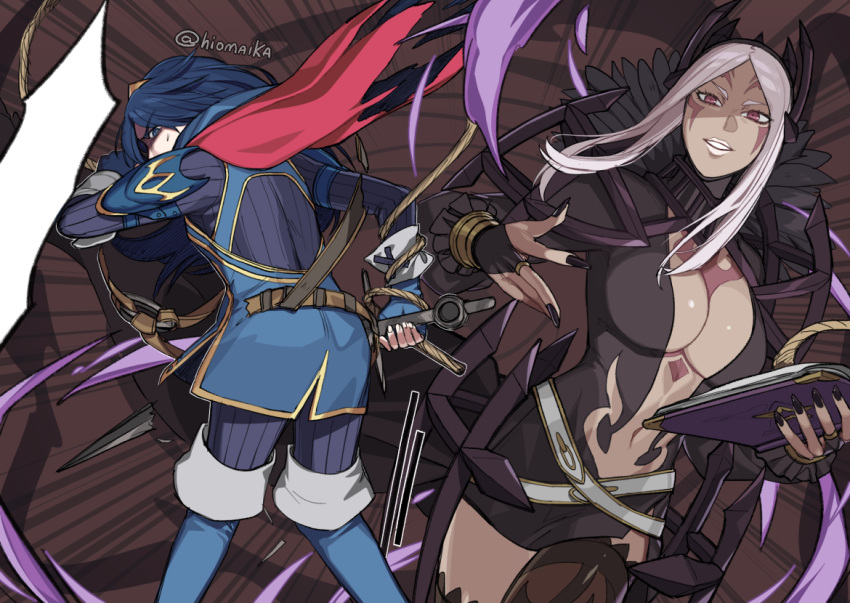 aversa_(fire_emblem) bangs book boots breasts fighting fire_emblem fire_emblem_awakening hiomaika holding holding_book holding_sword holding_weapon large_breasts leather_belt leather_strap looking_at_viewer lucina_(fire_emblem) navel open_mouth parted_bangs sword thigh_boots upper_body weapon