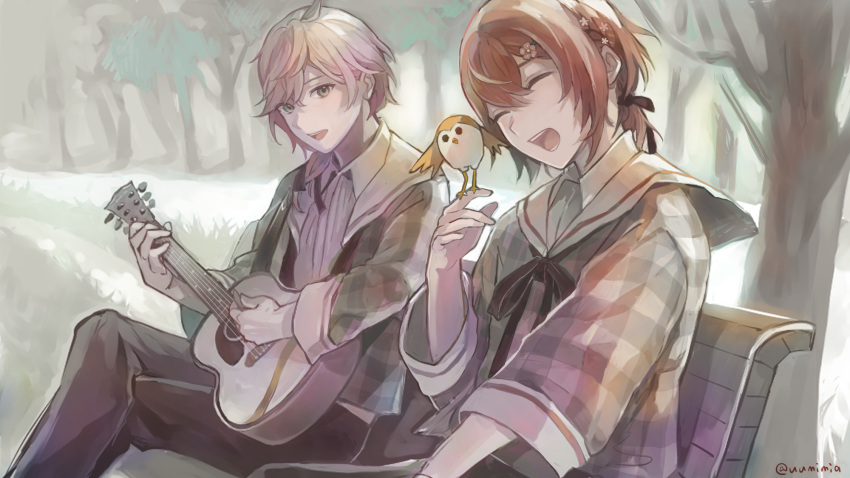 2boys :d ^_^ acoustic_guitar bench bird bird_on_hand black_neckerchief black_pants black_ribbon checkered_clothes checkered_jacket closed_eyes collared_shirt crossed_legs feet_out_of_frame flower grass green_eyes guitar hair_between_eyes hair_flower hair_ornament hair_ribbon hanasaki_miyabi highres holostars instrument jacket kyomu_suzume looking_at_another low_ponytail male_focus medium_hair multiple_boys music neckerchief official_alternate_costume open_clothes open_jacket pants pink_hair playing_instrument red_eyes ribbon rikka_(holostars) sailor_collar shirt short_ponytail sitting sleeves_past_elbows smile sparrow teeth tree umimiya undone_neckerchief upper_body white_shirt