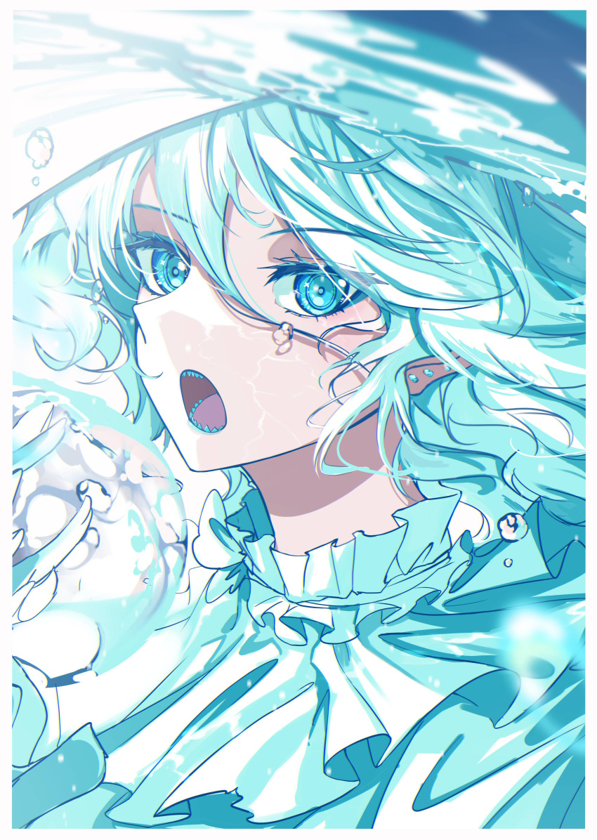 1girl absurdres blue_eyes blue_hair floating_hair furai_sen highres looking_at_viewer making-of_available neck_ruff open_mouth original portrait sharp_teeth solo teeth water white_headwear