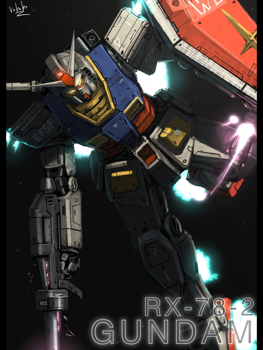 beam_rifle bottoms1237 energy_gun glowing glowing_eyes gun gundam highres holding holding_gun holding_shield holding_weapon looking_down mecha mobile_suit mobile_suit_gundam no_humans robot rx-78-2 science_fiction shield solo v-fin weapon