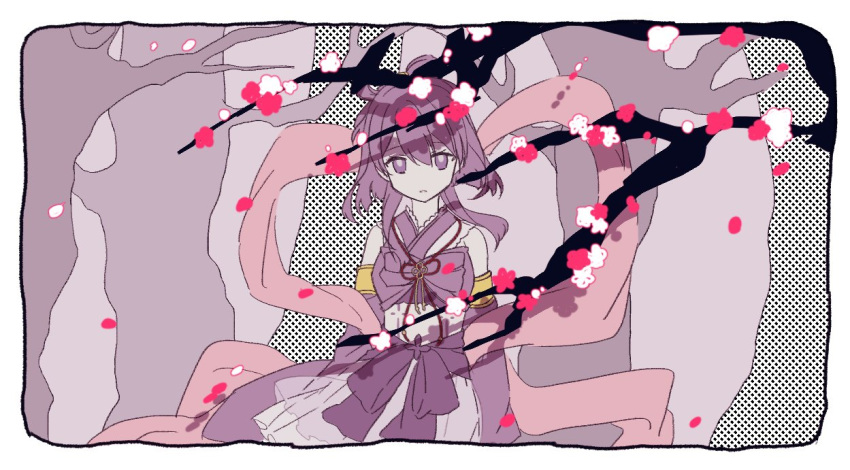 1girl aika_himena bangs border bow bow-shaped_hair branch cherry_blossoms colored_skin cowboy_shot crop_top detached_sleeves falling_petals flower frilled_shirt frilled_skirt frills hagoromo hair_between_eyes halftone halftone_background limited_palette looking_at_viewer magia_record:_mahou_shoujo_madoka_magica_gaiden magical_girl mahou_shoujo_madoka_magica medium_hair parted_lips petals pink_flower pink_shawl purple_bow purple_hair purple_shirt purple_sleeves red_ribbon ribbon shawl shirt skirt sleeveless solo stomach_tattoo tattoo tree violet_eyes waist_bow white_flower white_skin yongju
