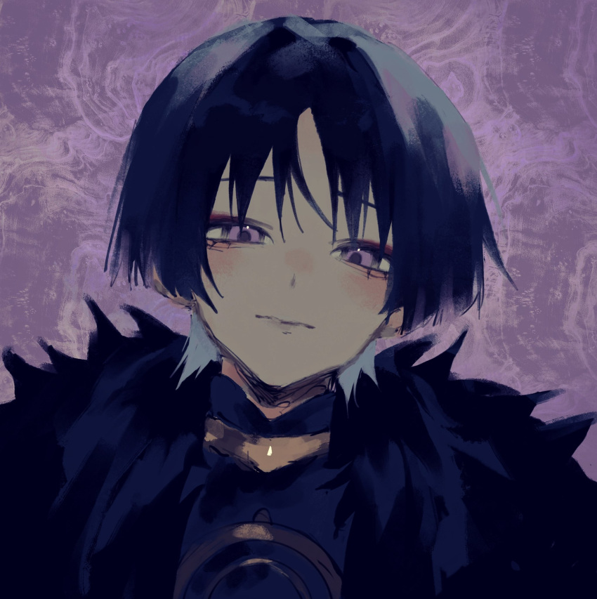 1boy ayu_kawa black_hair bowl_cut closed_mouth frown fur_trim genshin_impact highres jacket long_sleeves looking_at_viewer male_focus purple_background scaramouche_(genshin_impact) short_hair sketch solo violet_eyes