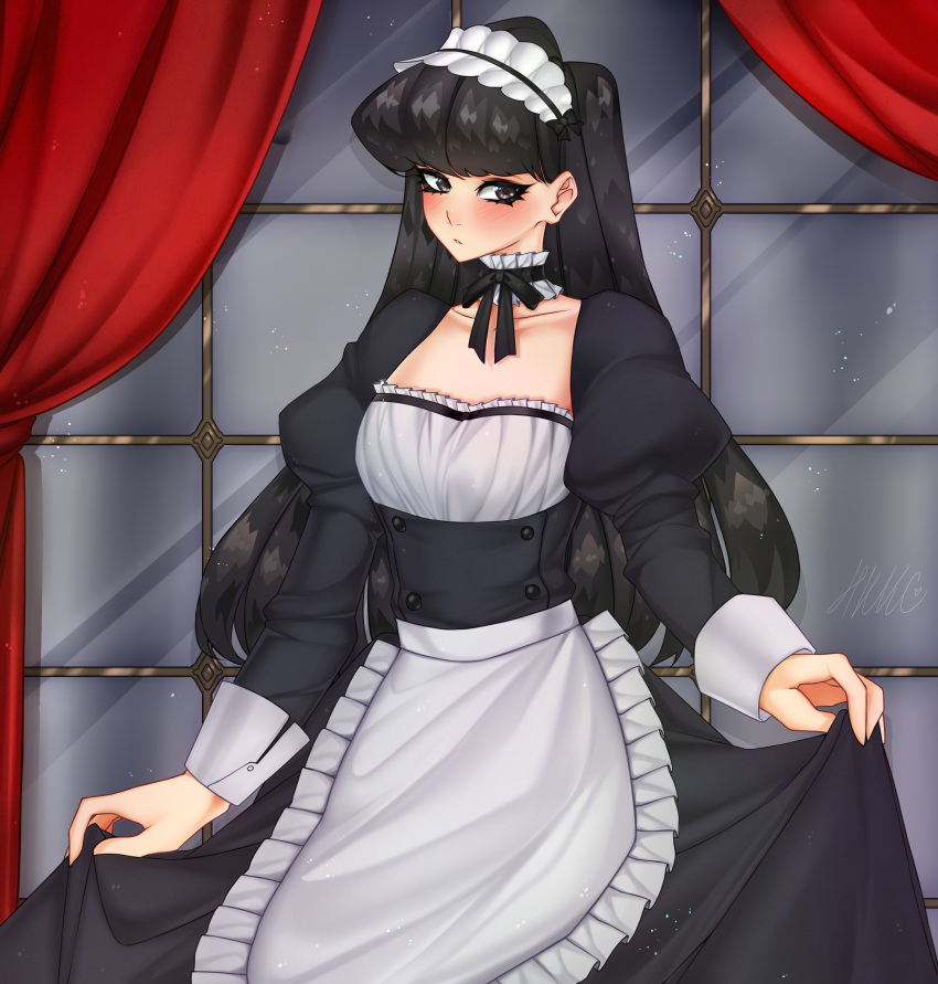 1girl 4kkc absurdres alternate_costume apron bangs black_dress black_eyes black_hair blush choker clothes_lift collarbone curtains dress dress_lift english_commentary enmaided frilled_choker frills highres juliet_sleeves komi-san_wa_komyushou_desu komi_shouko long_hair long_sleeves maid maid_apron puffy_sleeves solo window