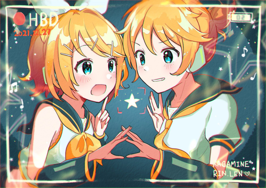 1boy 1girl aoiyui arm_warmers bangs bass_clef battery_indicator beamed_eighth_notes black_sailor_collar blonde_hair blue_eyes bow character_name commentary crop_top eighth_note grin hair_bow hair_ornament hairclip hands_up highres index_finger_raised interlocked_fingers kagamine_len kagamine_rin musical_note neckerchief necktie open_mouth recording sailor_collar school_uniform shirt short_hair short_ponytail short_sleeves sleeveless sleeveless_shirt smile star_(sky) star_(symbol) swept_bangs treble_clef upper_body viewfinder vocaloid white_bow white_shirt yellow_neckerchief yellow_necktie