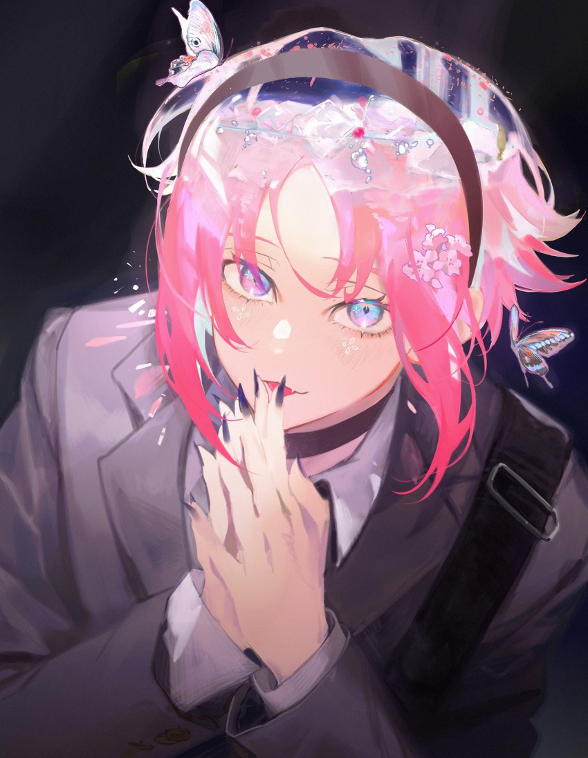 1boy alternate_hair_color bangs black_coat black_nails blue_eyes bug butterfly cherry_blossoms chongze9 coat fingernails from_above gradient_eyes hairband highres ice ice_cube liquid_hair long_fingernails looking_at_viewer looking_up male_focus multicolored_eyes mysta_rias nijisanji nijisanji_en own_hands_together pink_eyes shirt short_hair solo virtual_youtuber white_shirt