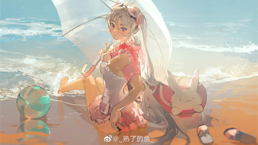 1girl absurdly_long_hair absurdres aether_gazer ball bangs beach beachball breasts cellphone eyewear_on_head flip-flops full_body grey_eyes hair_between_eyes hair_ornament highres holding lifebuoy long_hair looking_at_viewer on_floor ookuninushi_(aether_gazer) phone sandals shule_de_yu small_breasts smartphone solo swimsuit umbrella very_long_hair watermark waves white_hair