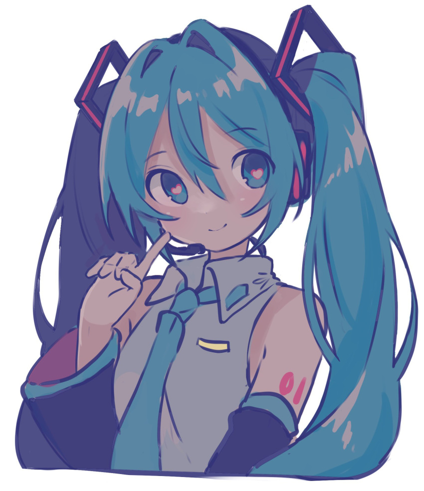 1girl bare_shoulders black_sleeves blue_eyes blue_hair blue_necktie closed_mouth collared_shirt detached_sleeves dot_nose eyes_visible_through_hair finger_to_cheek flat_color grey_shirt hair_between_eyes hand_up hatsune_miku headset heart heart-shaped_pupils highres index_finger_raised long_hair muted_color necktie number_tattoo paya_(alunair) shiny shiny_hair shirt shoulder_tattoo sideways_glance simple_background sleeveless sleeveless_shirt smile solo symbol-shaped_pupils tareme tattoo twintails upper_body very_long_hair vocaloid white_background wide_sleeves