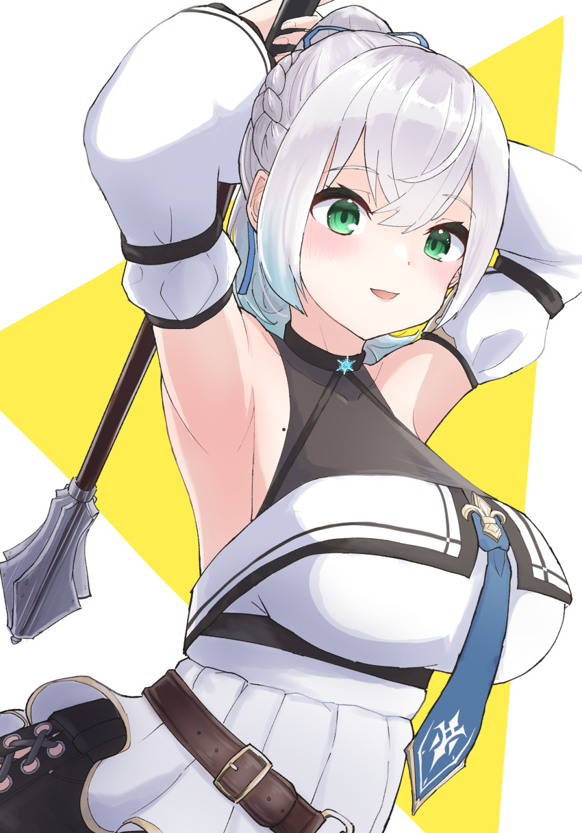 1girl absurdres armpits belt blush braid breasts detached_sleeves french_braid green_eyes grey_hair highres hololive large_breasts mace medium_hair mole mole_on_breast necktie open_mouth ponytail shirogane_noel solo tkc_(user_snjd8547) virtual_youtuber weapon