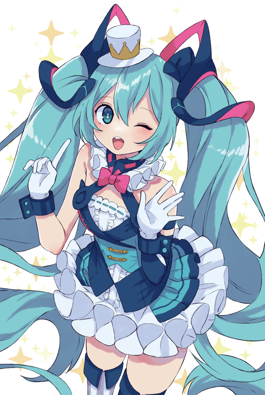 1girl ;d aqua_eyes aqua_hair bare_shoulders bent_over black_sleeves blush bow bowtie buttons center_frills cowboy_shot detached_sleeves dot_nose double-breasted dress frills gloves grey_thighhighs halter_dress halterneck hands_up hat hatsune_miku highres index_finger_raised long_hair looking_at_viewer magical_mirai_(vocaloid) magimirai_miku magimirai_miku_(2019) mini_hat mini_top_hat neck_ruff one_eye_closed open_mouth paya_(alunair) pink_bow pink_bowtie round_teeth short_dress simple_background single_detached_sleeve smile solo sparkle sparkle_background striped striped_legwear teeth thigh-highs top_hat twintails upper_teeth vertical-striped_legwear vertical_stripes very_long_hair vocaloid white_background white_gloves white_headwear white_thighhighs zettai_ryouiki